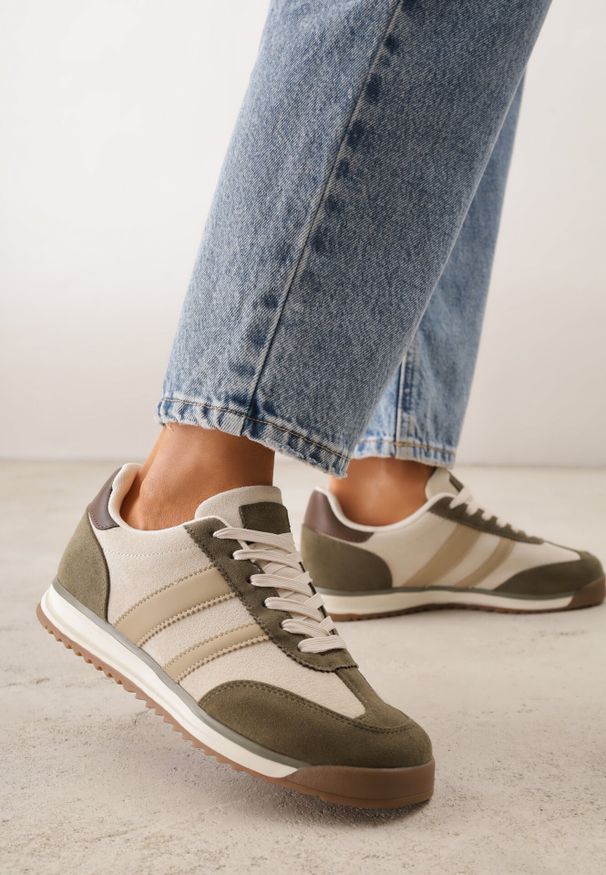 Born2be - Zielone Sneakersy z Dwoma Paskami Evilirea. Okazja: na co dzień. Zapięcie: pasek. Kolor: zielony. Materiał: jeans. Wzór: paski
