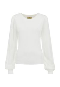 Ochnik - Kremowy sweter damski z bufiastymi rękawami. Kolor: biały. Materiał: wiskoza. Wzór: ze splotem #3