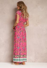 Renee - Różowa Rozkloszowana Sukienka Maxi z Printem Paisley z Gumką w Pasie Zoenia. Kolor: różowy. Wzór: paisley, nadruk. Sezon: lato, wiosna. Długość: maxi #4