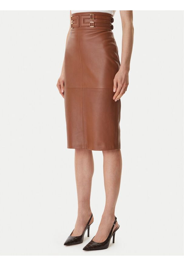 Elisabetta Franchi Spódnica skórzana GP-09Z-61E2-V890 Brązowy Regular Fit. Kolor: brązowy. Materiał: skóra