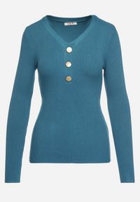 Born2be - Niebieski Sweter z Bawełną z Prążkowanego Materiału Ozdobiony Guzikami Zinfera. Okazja: na co dzień. Typ kołnierza: dekolt w serek. Kolor: niebieski. Materiał: prążkowany, bawełna, materiał. Wzór: aplikacja. Styl: klasyczny, casual #6