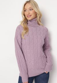 Born2be - Fioletowy Sweter z Golfem w Warkoczowy Splot ze Ściągaczami Maraiwai. Typ kołnierza: golf. Kolor: fioletowy. Wzór: ze splotem. Sezon: jesień #5