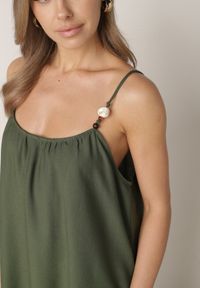 Born2be - Zielona Pudełkowa Sukienka Boho z Wiskozy na Ramiączkach z Ozdobnymi Koralikami Erane. Okazja: na co dzień. Kolekcja: plus size. Kolor: zielony. Materiał: wiskoza. Długość rękawa: na ramiączkach. Typ sukienki: proste, dla puszystych. Styl: boho #8