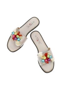 Złote Klapki S.Barski Modne Buty Na Lato. Nosek buta: otwarty. Kolor: złoty. Materiał: skóra ekologiczna. Wzór: kolorowy, aplikacja. Sezon: lato. Styl: elegancki, sportowy #4