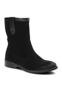 Czarne Botki Dwunasty Shoes Damskie Stylowe Buty. Okazja: na co dzień. Kolor: czarny. Materiał: zamsz, skóra. Szerokość cholewki: normalna. Obcas: na obcasie. Styl: elegancki. Wysokość obcasa: niski #1