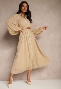 Renee - Beżowa Koszulowa Sukienka z Plisami i Dodatkowym Paskiem Miarosea. Okazja: na spotkanie biznesowe, na spacer. Kolor: beżowy. Typ sukienki: koszulowe. Styl: elegancki, biznesowy
