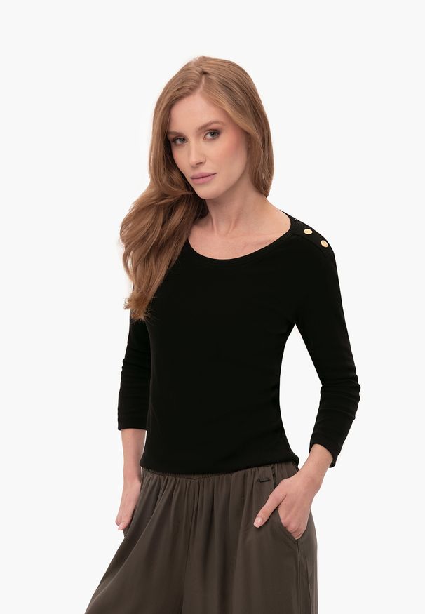 Volcano - Koszulka damska z rękawem 3/4, Slim Fit, L-KATI. Kolor: czarny. Materiał: bawełna, elastan, prążkowany, materiał. Długość rękawa: długi rękaw. Wzór: prążki