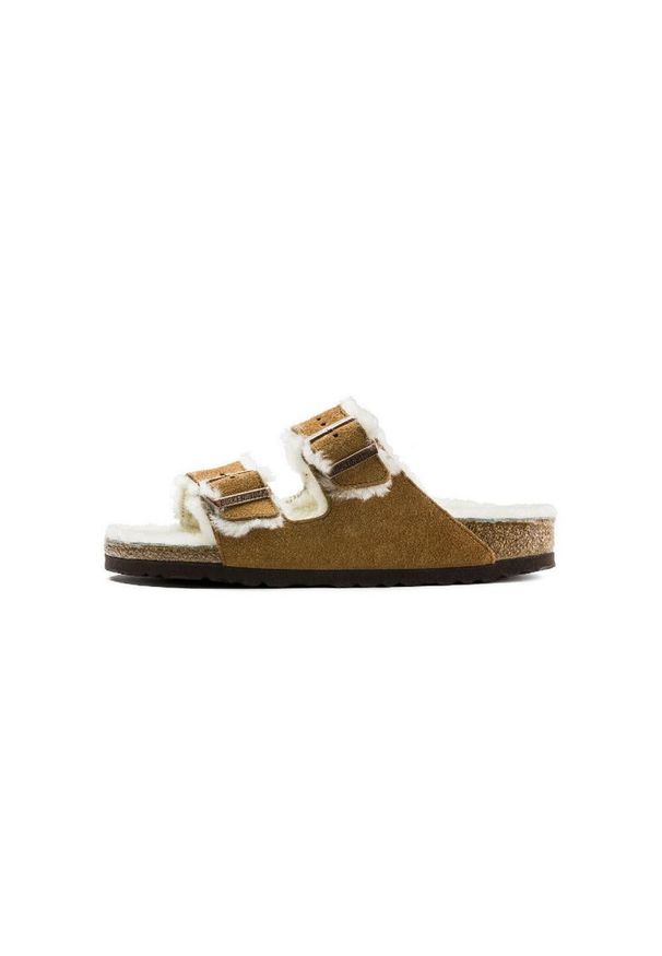 Klapki Birkenstock Arizona VL Shearling Mink wąskie narrow (1001135). Kolor: beżowy, wielokolorowy, brązowy. Materiał: skóra. Styl: elegancki
