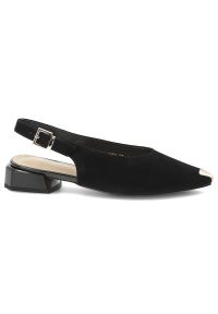 Czółenka damskie S.Barski, cholewka ze skóry naturalnej zamszowej elegancki fason slingback niski stabilny obcas, czarne, CR61-3050. Okazja: na spotkanie biznesowe. Zapięcie: klamry. Kolor: czarny. Materiał: skóra, zamsz. Szerokość cholewki: normalna. Obcas: na obcasie. Styl: elegancki. Wysokość obcasa: średni #4