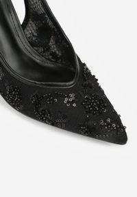 Renee - Czarne Sandały na Szpilce Typu Slingback z Cekinami Resseris. Okazja: na wesele, na ślub cywilny, na imprezę. Kolor: czarny. Materiał: koronka. Obcas: na szpilce. Styl: elegancki #8