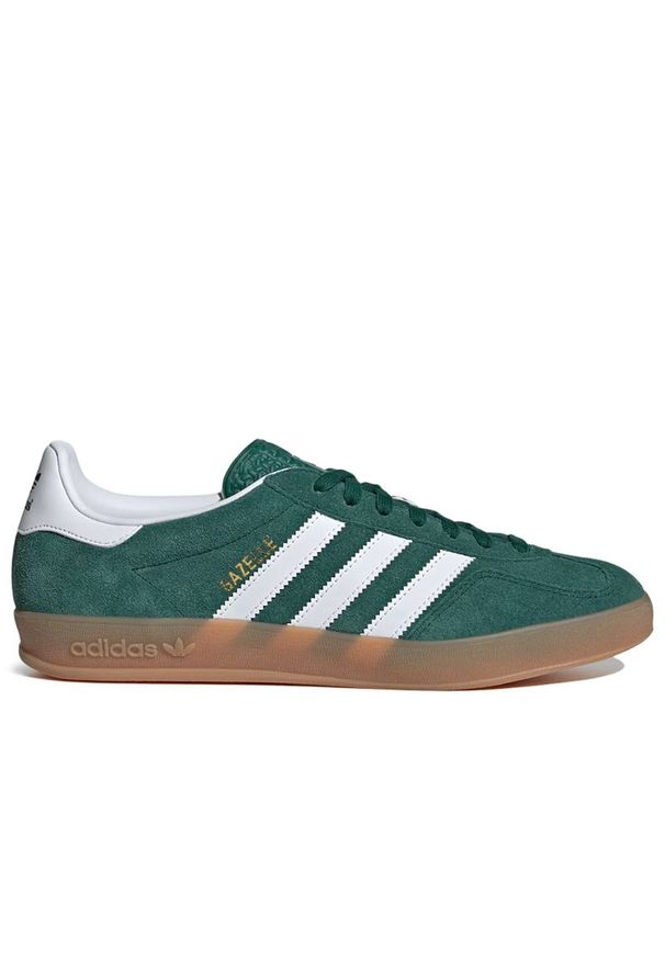 Adidas - Buty unisex adidas Gazelle Indoor JI2062 - zielone. Okazja: na uczelnię. Zapięcie: pasek. Kolor: zielony. Materiał: skóra, zamsz, guma. Szerokość cholewki: normalna. Wzór: aplikacja, paski. Sezon: lato. Model: Adidas Gazelle