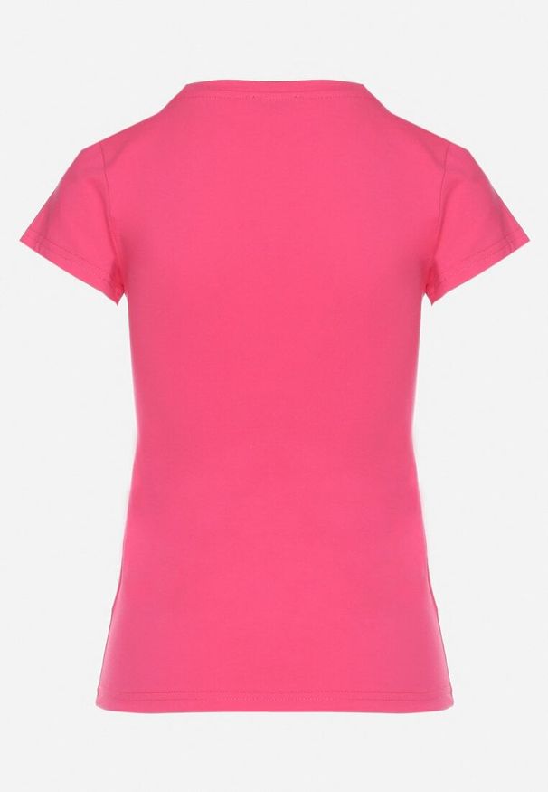 Born2be - Fuksjowy Bawełniany T-shirt z Napisem Living i Nadrukiem Commea. Okazja: na co dzień. Kolor: różowy. Materiał: bawełna. Wzór: napisy, nadruk. Styl: elegancki, casual