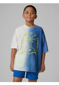 4f - 4F T-shirt loose z nadrukiem chłopięcy - niebieski 158 (12-13 lat). Okazja: na co dzień, na uczelnię. Kolor: niebieski. Materiał: skóra, dresówka, dzianina, materiał, bawełna. Wzór: nadruk. Sezon: lato. Styl: casual #1