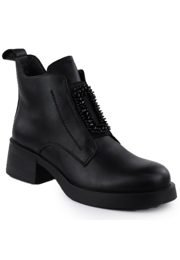 Skórzane botki damskie z ozdobą czarne D&A S.Barski Premium Collection JC52-869. Kolor: czarny. Materiał: skóra. Wzór: aplikacja. Styl: elegancki