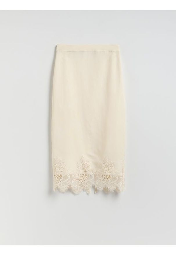 Reserved - Spódnica midi z lnem - złamana biel. Materiał: len