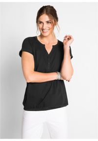 bonprix - T-shirt bawełniany. Typ kołnierza: dekolt w serek. Kolor: czarny. Materiał: bawełna. Długość rękawa: krótki rękaw. Długość: krótkie #1