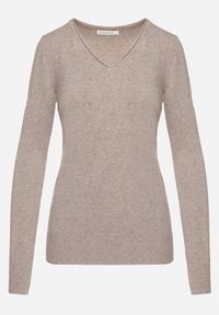 Born2be - Ciemnoszary Sweter Klasyczny z Trójkątnym Dekoltem z Domieszką Kaszmiru Taielle. Okazja: do pracy, na co dzień. Kolor: beżowy. Materiał: kaszmir. Styl: klasyczny