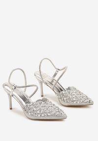 Renee - Srebrne Sandały na Szpilce Slingback z Cyrkoniami Dimte. Okazja: na co dzień. Kolor: srebrny. Wzór: aplikacja. Obcas: na szpilce. Styl: casual, elegancki, wizytowy. Wysokość obcasa: wysoki