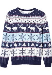 bonprix - Sweter chłopięcy w renifery. Kolor: niebieski. Materiał: bawełna. Wzór: nadruk, prążki #1