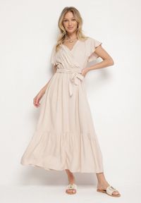 Born2be - Beżowa Wiskozowa Sukienka z Kopertowym Dekoltem z Paskiem Savorlisse. Okazja: na co dzień. Kolor: beżowy. Materiał: wiskoza. Wzór: aplikacja. Typ sukienki: kopertowe. Styl: casual, klasyczny #7