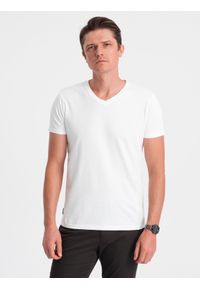 Ombre Clothing - Klasyczna męska bawełniana koszulka z dekoltem w serek BASIC - biała V4 OM-TSBS-0145 - XXL. Typ kołnierza: dekolt w serek. Kolor: biały. Materiał: bawełna. Styl: klasyczny #5