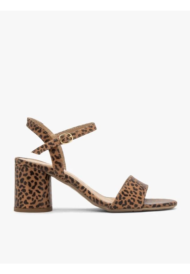 Ryłko - Brązowe sandały damskie w panterkę. Kolor: brązowy. Materiał: skóra. Wzór: motyw zwierzęcy. Obcas: na obcasie. Styl: street. Wysokość obcasa: średni