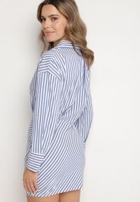Born2be - Niebieska Koszulowa Sukienka w Paski o Dopasowanym Kroju Meveira. Okazja: na imprezę. Typ kołnierza: kołnierzyk klasyczny. Kolor: niebieski. Długość rękawa: długi rękaw. Wzór: paski. Typ sukienki: koszulowe. Styl: klasyczny #5