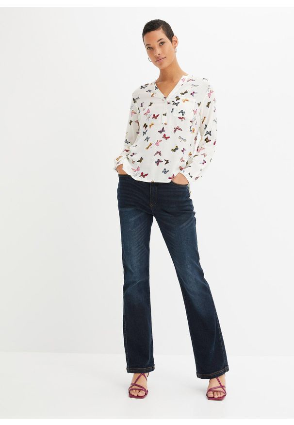 bonprix - Bluzka z lejącej wiskozy. Typ kołnierza: dekolt w serek. Kolor: biały. Materiał: wiskoza. Długość rękawa: długi rękaw. Długość: długie. Wzór: nadruk. Styl: elegancki