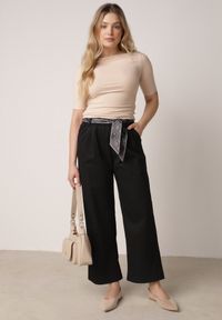 Born2be - Czarne Eleganckie Spodnie z Bawełny i Wiskozy z Materiałowym Paskiem-Apaszką Vetina. Okazja: na co dzień, na spotkanie biznesowe, do pracy. Kolor: czarny. Materiał: wiskoza, bawełna, materiał. Styl: elegancki #5