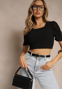 Renee - Czarny T-shirt z Prążkowanej Tkaniny z Zakładkami przy Rękawach Kolaniella. Kolor: czarny. Materiał: tkanina, prążkowany. Styl: elegancki #5