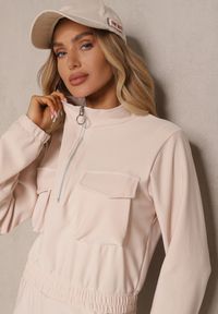 Renee - Beżowy Komplet Dresowy z Bluzą o Krótkim Kroju i Joggerami z Kieszeniami Riathna. Kolor: beżowy. Materiał: dresówka #4
