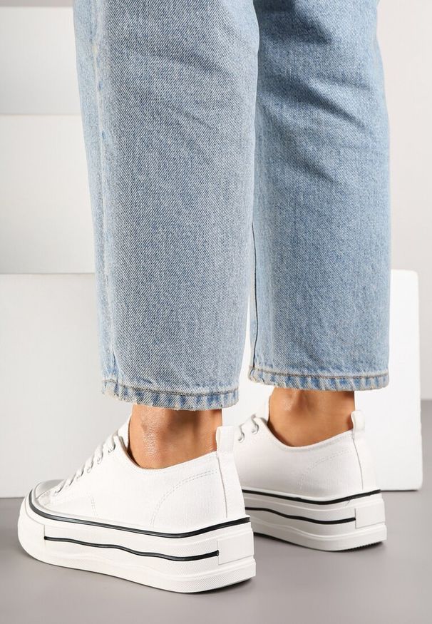 Born2be - Białe Klasyczne Trampki na Grubej Podeszwie Natileva. Okazja: na co dzień. Kolor: biały. Materiał: jeans. Szerokość cholewki: normalna. Styl: klasyczny