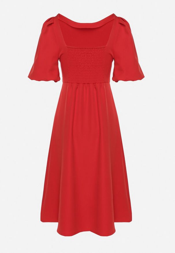 Born2be - Czerwona Sukienka o Rozkloszowanym Kroju z Bufiastymi Rękawami Melisseia. Kolor: czerwony. Styl: klasyczny