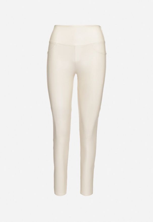 Born2be - Białe Legginsy z Imitacji Skóry i Kieszeni z Wysokim Stanem Olabria. Okazja: na co dzień. Stan: podwyższony. Kolor: biały. Materiał: skóra. Styl: casual, elegancki