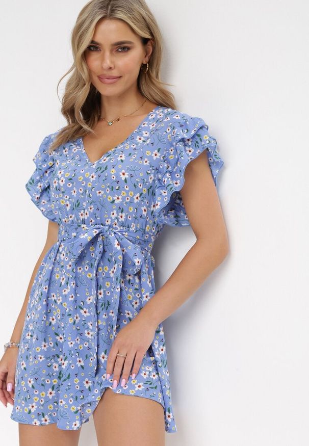 Born2be - Niebieska Sukienka Dioete. Kolor: niebieski. Materiał: materiał. Wzór: kwiaty