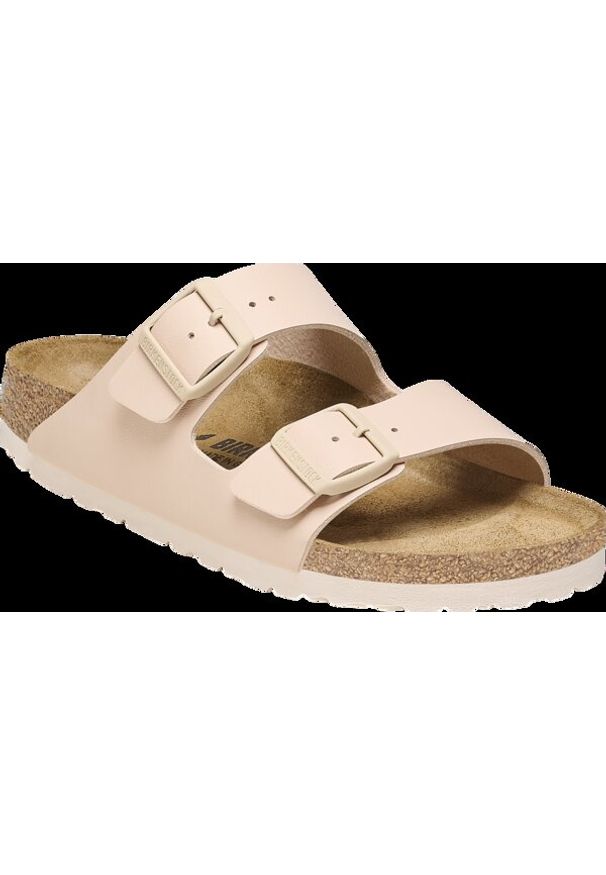 Birkenstock - BIRKENSTOCK ARIZONA BF NEW BEIGE Klapki damskie. Okazja: na co dzień. Kolor: beżowy. Materiał: skóra, materiał. Wzór: paski. Sezon: lato. Styl: klasyczny, casual, elegancki