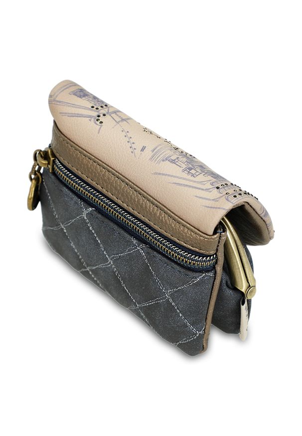 Granatowa Kompaktowa Portmonetka Damska Anekke. Kolor: niebieski. Materiał: materiał. Wzór: aplikacja