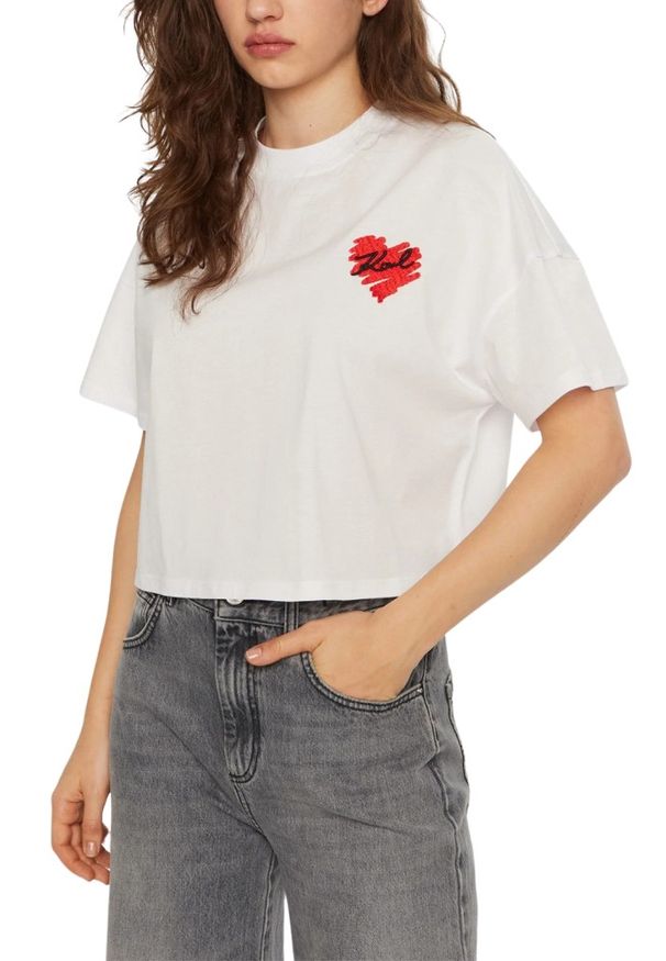 Karl Lagerfeld - KARL LAGERFELD Biały damski top Hearts Cropped. Kolor: biały. Materiał: bawełna. Wzór: aplikacja, haft