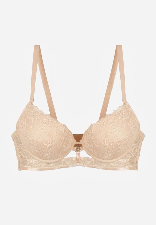 Renee - Beżowy Koronkowy Biustonosz w Klasycznym Stylu z Aplikacją Galinassa. Kolor: beżowy. Materiał: koronka. Wzór: aplikacja