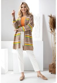 PeeKaBoo - Elegancki sweter kardigan w kolorowe paski cappuccino. Wzór: paski, kolorowy. Styl: elegancki #3