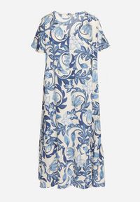 Born2be - Niebieska Pudełkowa Sukienka z Wiskozy w Kwiaty z Dekoltem w Serek Inisara. Okazja: na co dzień. Typ kołnierza: dekolt w serek. Kolor: niebieski. Materiał: wiskoza. Długość rękawa: krótki rękaw. Wzór: kwiaty. Styl: casual, elegancki, klasyczny #2