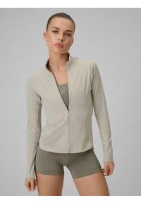 4f - 4F Bluza treningowa slim szybkoschnąca damska - beżowa M. Okazja: na co dzień. Typ kołnierza: kołnierzyk stójkowy. Kolor: beżowy. Materiał: włókno. Styl: casual, klasyczny, sportowy #1