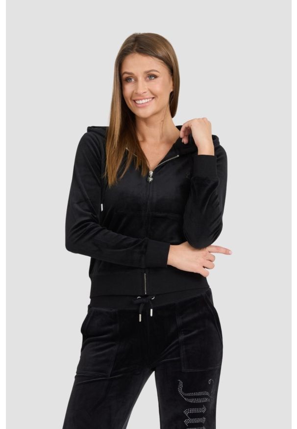 Juicy Couture - JUICY COUTURE Damska czarna bluza Robertson Jewelled Velour Hoodie, Rozmiar L. Okazja: na co dzień. Kolor: czarny. Materiał: welur. Styl: casual, elegancki