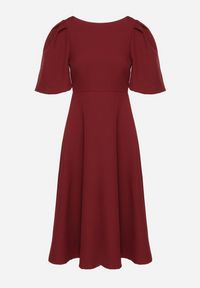 Born2be - Bordowa Sukienka o Rozkloszowanym Kroju z Bufiastymi Rękawami Melisseia. Kolor: czerwony. Styl: klasyczny