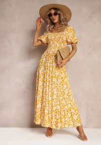 Renee - Żółta Trapezowa Sukienka Bawełniana w Kwiaty Cresenia. Kolor: żółty. Materiał: bawełna. Długość rękawa: krótki rękaw. Wzór: kwiaty. Typ sukienki: trapezowe