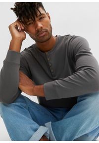 bonprix - Shirt z dekoltem henley, długi rękaw. Typ kołnierza: typu henley. Kolor: szary. Długość rękawa: długi rękaw. Długość: długie #3