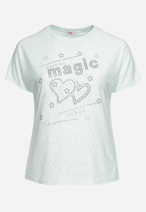 Born2be - Miętowy T-shirt Ażurowy z Ozdobnymi Cyrkoniami Cevola. Okazja: na co dzień. Kolor: miętowy. Wzór: ażurowy. Styl: casual