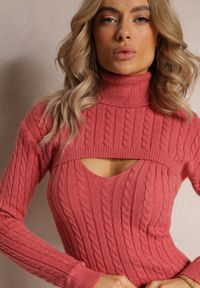 Renee - Różowy 2-częściowy Komplet Dzianinowy Sukienka i Sweter Crop Top Rewerta. Kolor: różowy. Materiał: dzianina #3