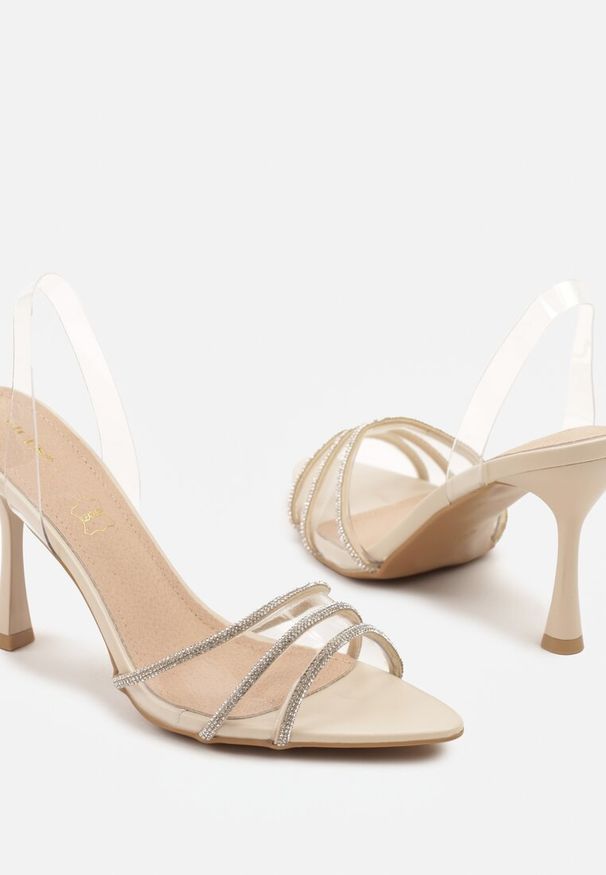 Renee - Beżowe Sandały Vices ze Skórzaną Wkładką Transparentną Cholewką i Cyrkoniami Novarissea. Kolor: beżowy. Materiał: skóra. Styl: elegancki, klasyczny