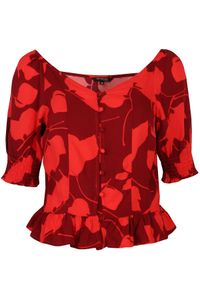 TOP SECRET - Printowana bluzka z baskinką. Typ kołnierza: dekolt w serek. Kolor: czerwony. Materiał: materiał. Długość rękawa: krótki rękaw. Długość: krótkie. Wzór: kolorowy. Sezon: wiosna, lato. Styl: elegancki #7